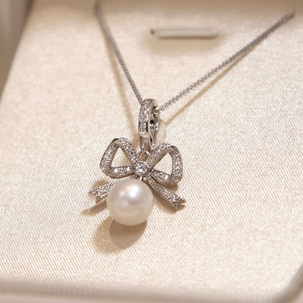 Sterling Silver Bow Pearl Necklace -- freshwater pearl pendant, Christmas Jewelry