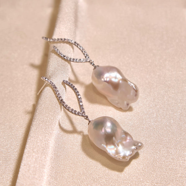 Baroque Pearl Earrings – Zodiac Diamond Accents, S925 Sterling Silver, Artistic Gift for Women