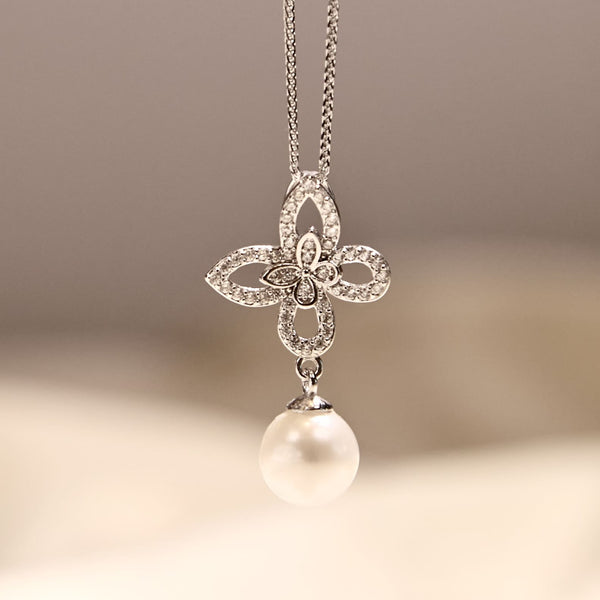 Silhouette Butterfly Pearl Pendant – Exquisite Zodiac Diamond Butterfly with Freshwater Pearl