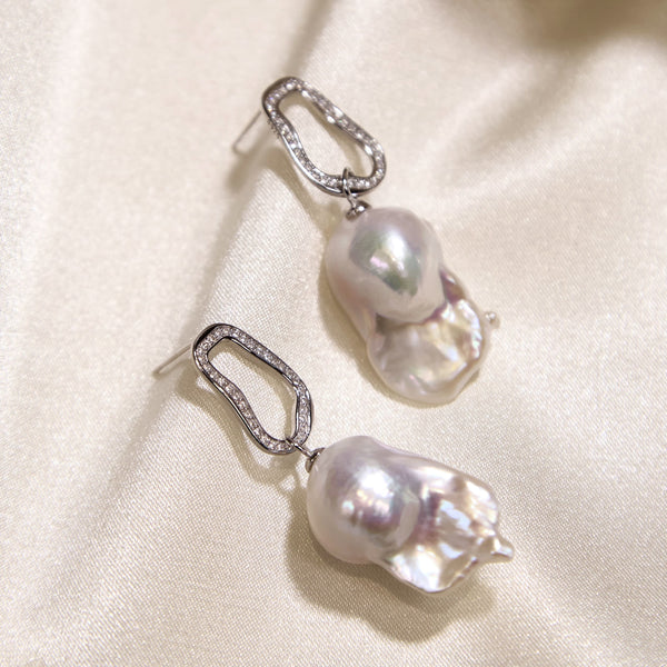 Baroque Pearl Earrings – Zodiac Diamond Accents, S925 Sterling Silver, Artistic Gift for Women