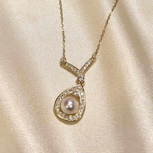 Teardrop Diamond Pearl Pendant – Freshwater Pearl with Zodiac Diamond Accents, S925 Sterling Silver, Elegant Gift for Her