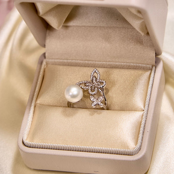 Double Butterfly Silhouette Pearl Ring – Freshwater Pearl with S925 Silver, Available in Silver and Gold Finish