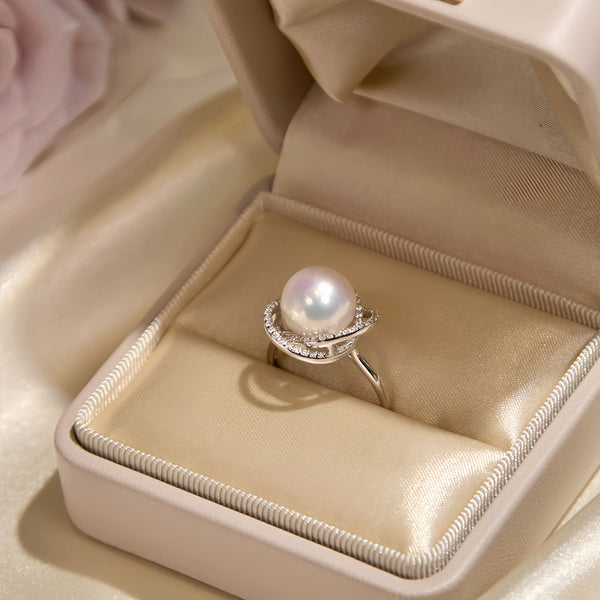 Diamond Pearl Ring – Freshwater Pearl with Diamond Halo, Adjustable Bridal and Anniversary Ring